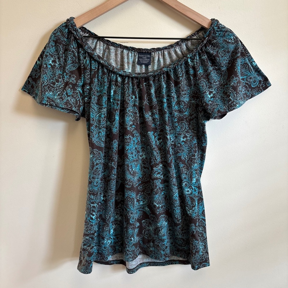 Faded Glory Teal Paisley Print Scoop Neck Short Sleeve Blouse Small 4-6 Brown